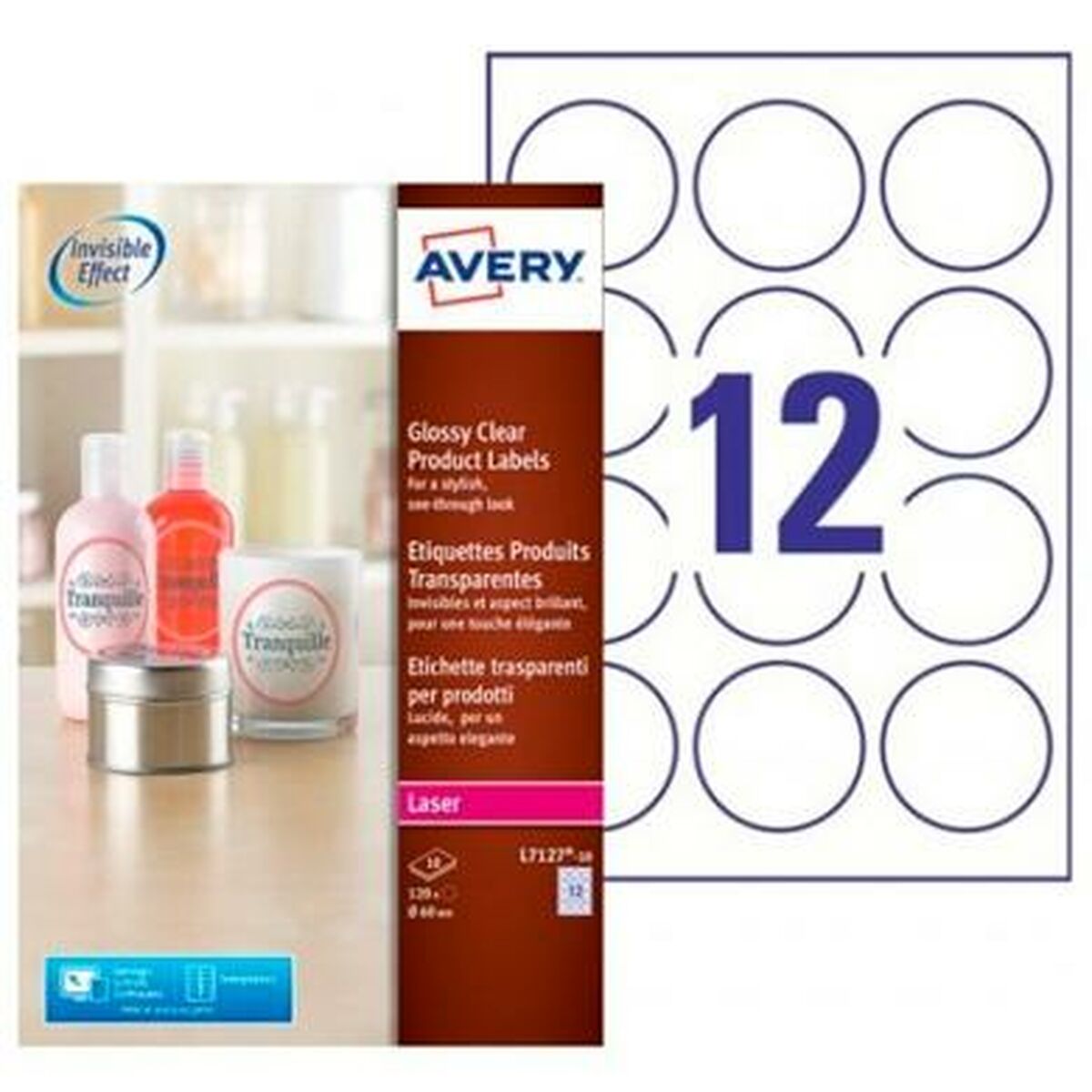 Adhesives/Labels Avery L7127 Transparent 10 Sheets ø 60 mm