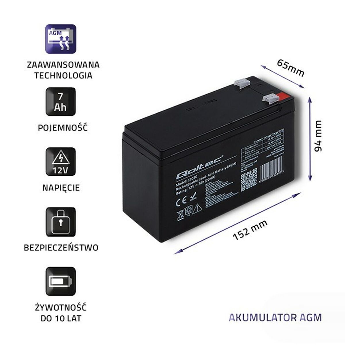 Battery for Uninterruptible Power Supply System UPS Qoltec 53030 7 Ah 12 V