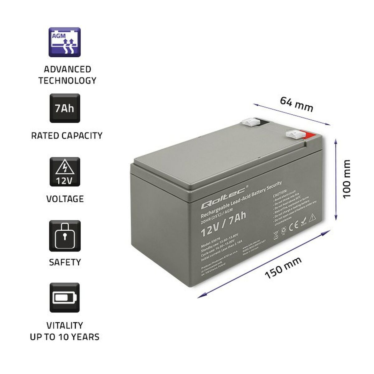 Battery for Uninterruptible Power Supply System UPS Qoltec 53076 7 Ah 12 V