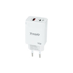 Wall Charger TooQ Cargador de Pared GaN USB-C/PD + USB-A/QC 45W, Blanco White 45 W