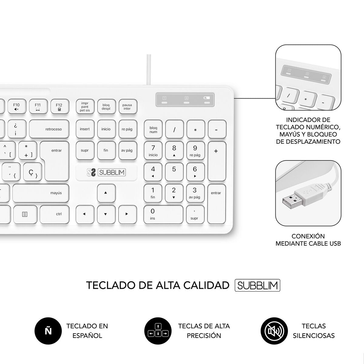 Keyboard Subblim SUBKBC0SSK51 White Spanish Qwerty