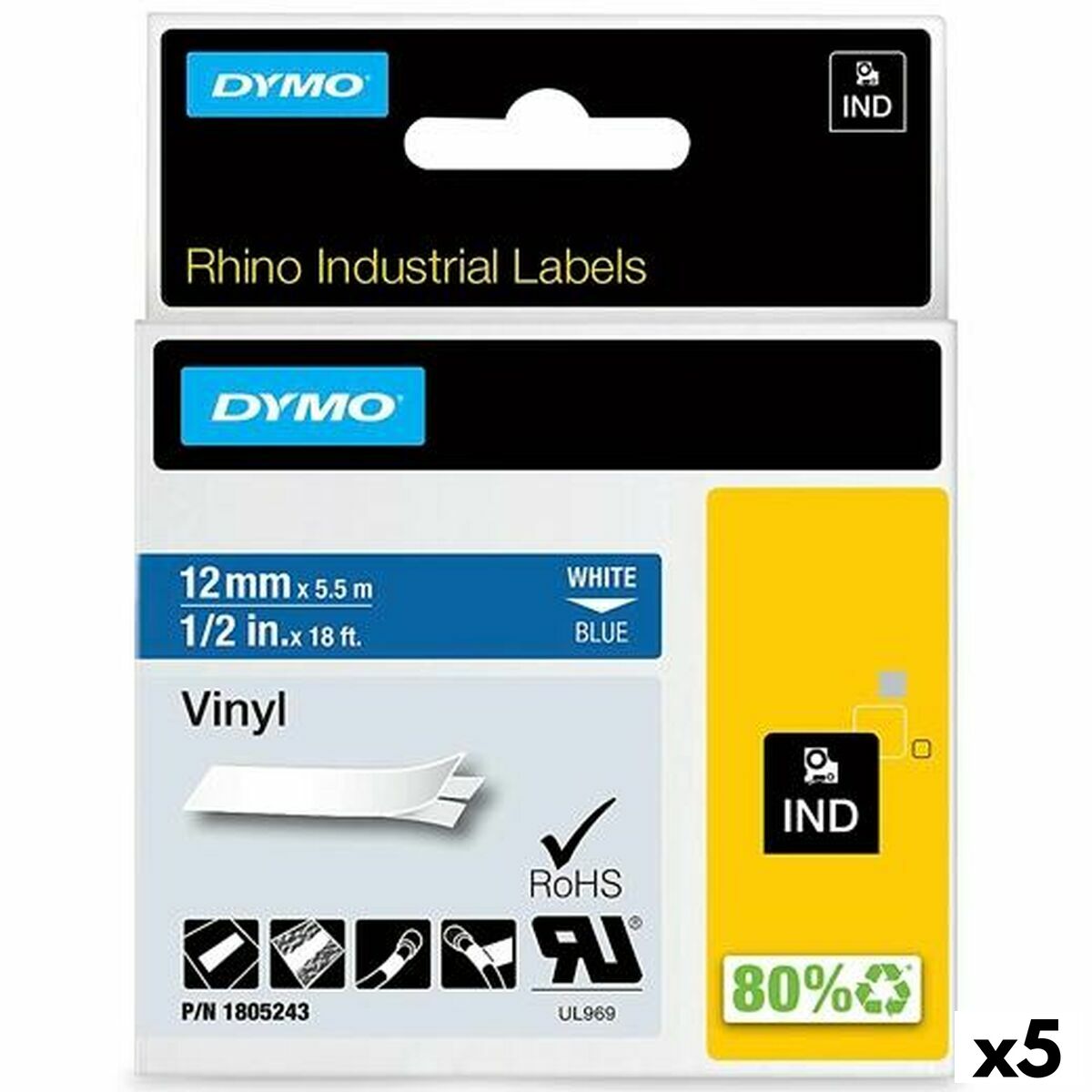 Laminated Tape for Labelling Machines Rhino Dymo ID1-12 Blue White 12 x 5,5 mm Self-adhesives Stick (5 Units)