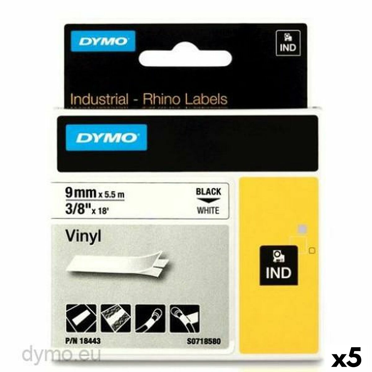 Laminated Tape for Labelling Machines Rhino Dymo ID1-9 White Black 9 x 5,5 mm Stick (5 Units)