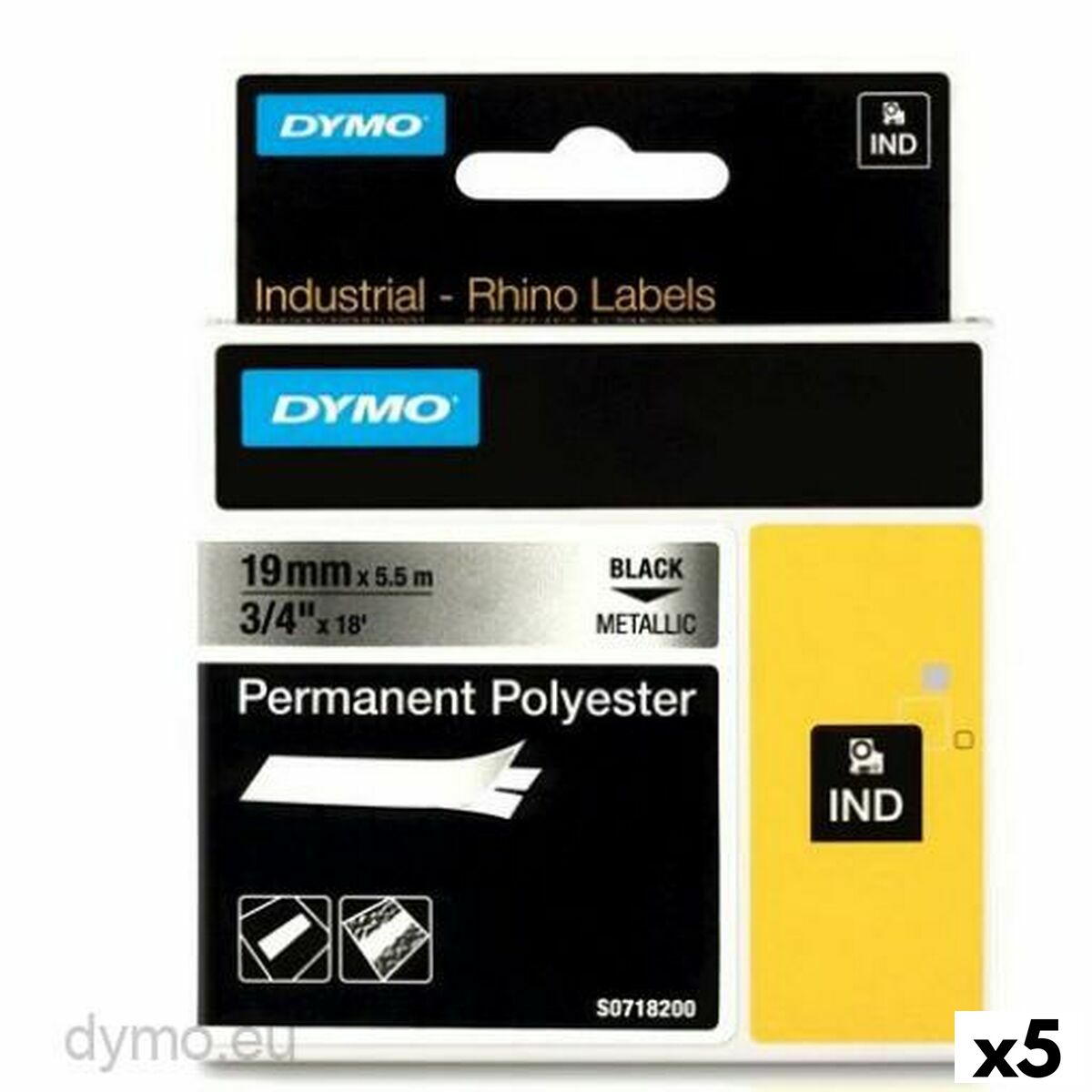 Laminated Tape for Labelling Machines Rhino Dymo ID1-19 19 x 5,5 mm Black Grey Self-adhesives (5 Units)