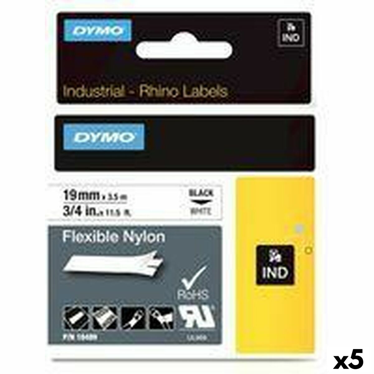 Laminated Tape for Labelling Machines Rhino Dymo ID1-19 19 x 3,5 mm Black White Self-adhesives (5 Units)